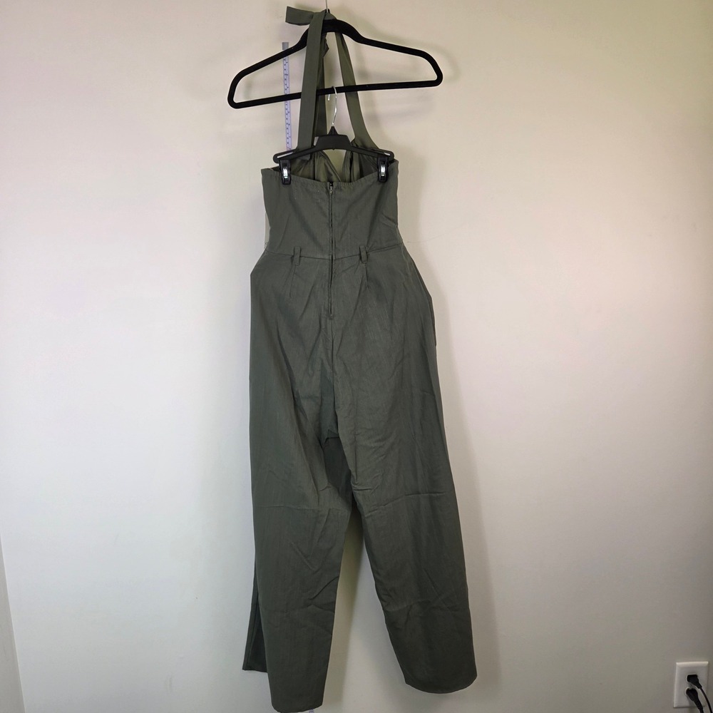 Olive Green Halter Neck Tapered Leg Jumpsuit with Back Zip and Belt Loops - Picture 2 of 9